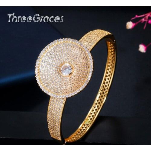 Threegraces Brand Designer Dubai Gold Micro Pave Cubic Zirconia Big Round Open Cuff Bangle Bacelets for Women Prom Party BA041