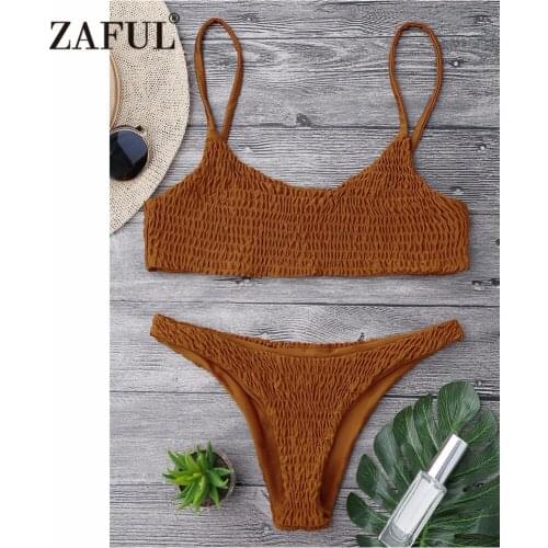 ZAFUL 2019 Women New Cami Smocked Bikini Top and Bottoms Sexy Low Waisted Spaghetti Straps Swimsuit Summer Beach Swimwear