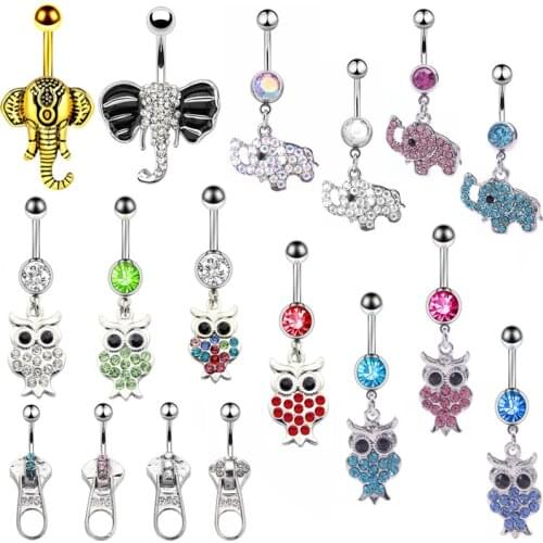 1/2Piece Elephant belly button piercing 14G owl belly ring cute zipper navel piercing ring sexy navel bar piercing ombligo lot
