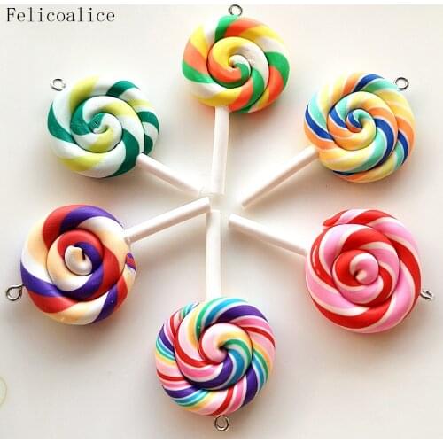 8pcs Cute Spiral Rainbow Polymer Clay Cabochons Beauty Kawaii Lollipop Candy Charms Flatback Pendant For DIY Phone Decoration