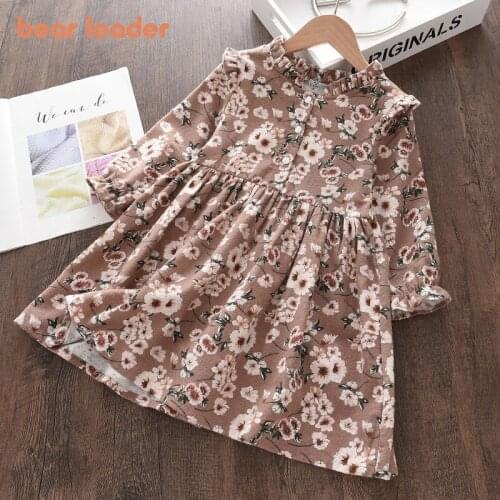 Bear Leader Floral Full Sleeve Dresses For Girls 2021 New Fashion Kids Baby Casual Cotton Dress Children Sweet Vintage Vestidos