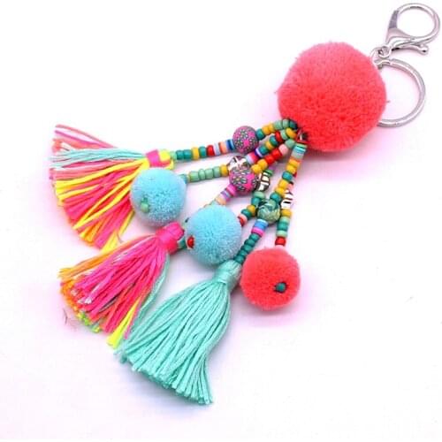 Key chain jewelry fashion shell crystal hair ball stars tassel charm key chain buckle bohemian style beaded bag buckle key chain