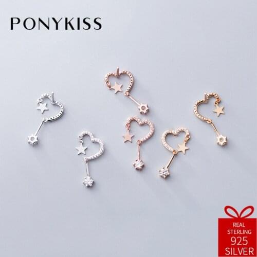 PONYKISS Trendy 100% 925 Sterling Silver Zircon Heart Cute Star Long Dangle Drop Earrings Women Party Delicate Jewelry Fine Gift