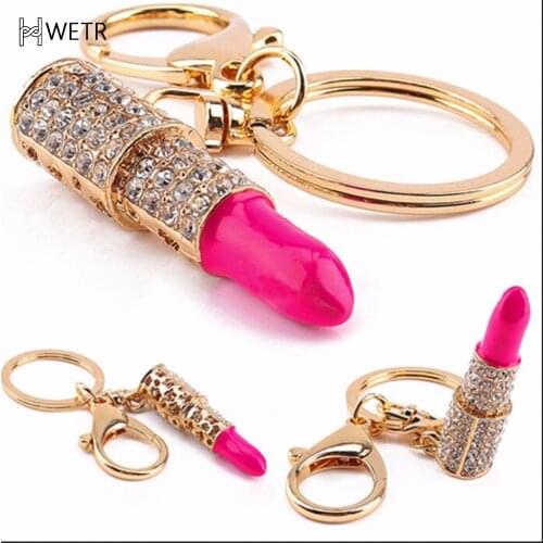 Women Jewelry Charm Crystal Keychain Lipstick Key Holder Rhinestone Keyring Red Rose Pendant Key Chain Rings