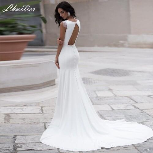 Lhuilier Elegant Scoop Neck Mermaid Satin Wedding Dresses Sleeveless Floor Length Peals Beaded Bridal Dress with Open Back