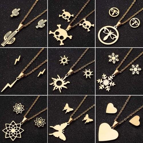 Jisensp Stainless Steel Butterfly Wedding Bridal Jewelry Sets for Women Cactus Pendant Necklace Heart Earring Set joias feminina