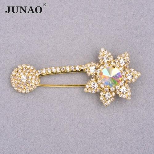 JUNAO 35X85mm Gold Rhinestones Flower Brooches Glass Crystal Applique Bouquet Brooch Pins for Coat Jewelry Accessories