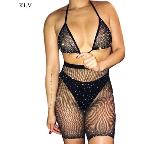 KLV Womens Erotic See Through Fishnet Underwear Set Glitter Drilling Rhinestone Halter Bra Shorts Leggings Lingerie Bikini Solid