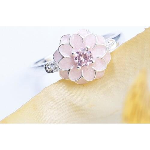 925 Sterling Silver Flower Design Ring Pink Zircon&Enamel Romantic Elegant Ring for Women Wedding Engagement Jewelry