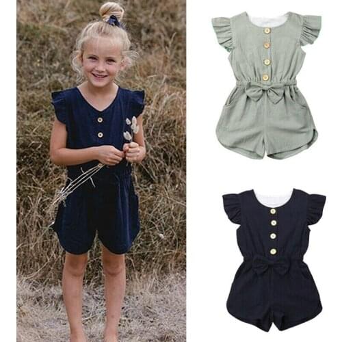 1-6Y Summer Cute Kids Baby Girls Summer Romper Solid Ruffles Sleeve Jumpsuit Outfits Toddler Clothes Sunsuit