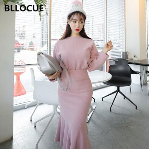 BLLOCUE Autumn Winter New Fashion Women Suit Korean Version O-Neck Casual Bottoming Sweatshirt+Slim Bag Hip fishtail Skirt Suit