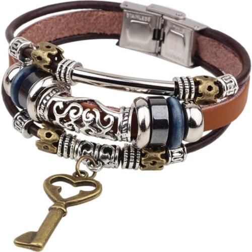 Silver Plated Alloy Key Layer Handmade Weave Leather Bracelet for Party Gift Ethnic Style Jewelry