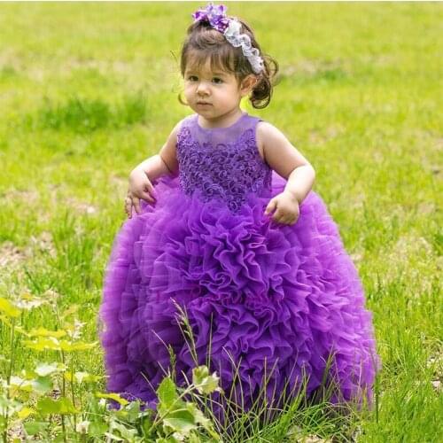 Cute Purple Toddler Lace Top Princess Tulle Ruffles Girls Ball Gown Flower Girl Dresses