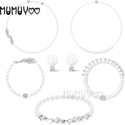 Fashion Jewelry High Quality SWA1:1, Charm Luxury Pearl Feather Leaf Crystal Magnetic Buckle Necklace Female