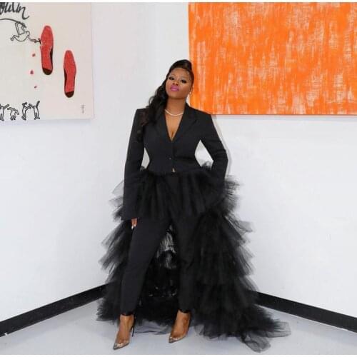 Fashion Black Asymmetrical Prom Dresses Set Jumpsuit Removable Skirt vestido de festa Prom Dress Pants Formal Dress Tulle Hi Low