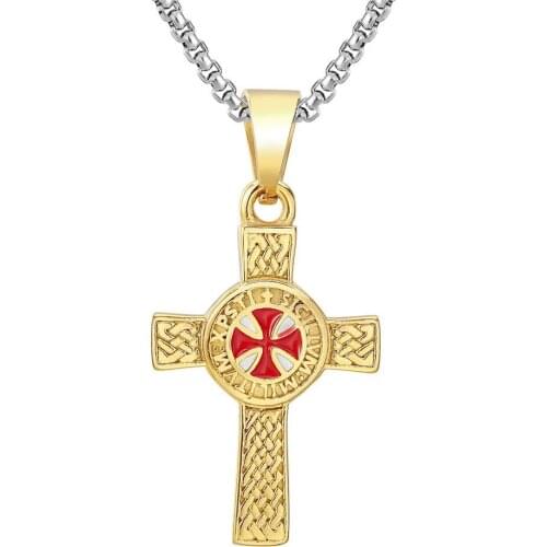 Cross Pendant Knights Templar Irish Knot Necklace for Men Stainless Steel Chain 24Inch Male Jewelry