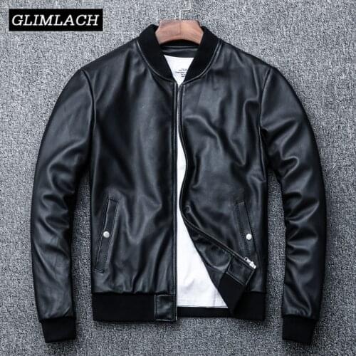 Men Aviation Bomber Jacket Sheepskin Real Leather Coat Motorcycle 2019 Clothing Genuine Leather Slim Black Flight Aviator Jacket