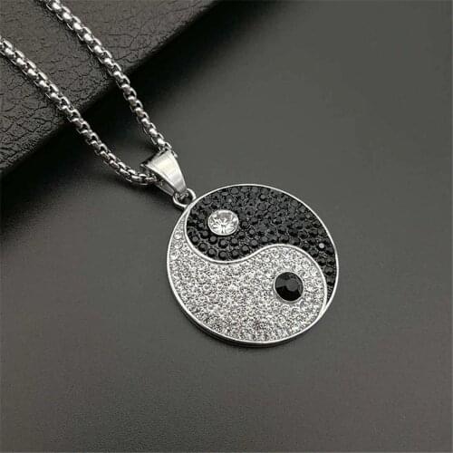 Yin Yang Tai Chi Pendants Necklaces for Men Silver Color Round Stainless Steel Paved CZ Crystal Ice Out Hip Hop Rapper Jewelry