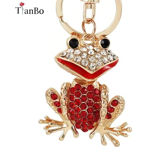 TianBo Acme Novelty Crystal Animal Frog Key Chain Red Rhinestone Crystal Keychains Metal Keyring for Women Bag Pendant Jewelry