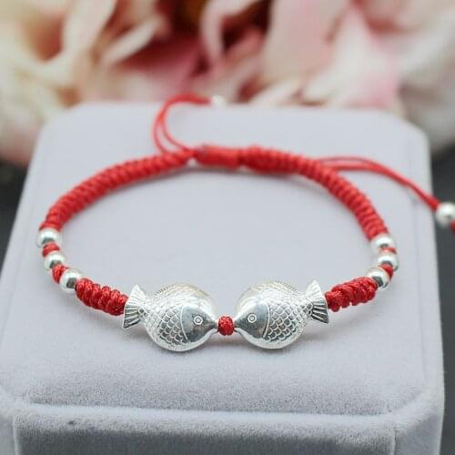 New Fine Real S990 Silver Double Kiss Fish with Red Cord Weave Link Chain Bracelet 6.3inch