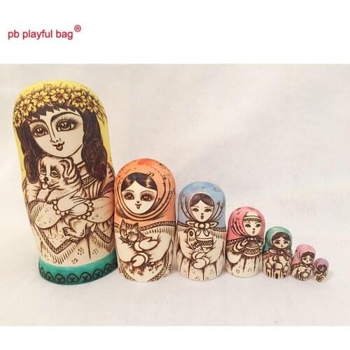 PB Playful bag Seven layer girl holding dog Russian dolls wooden DIY toy set lovers birthday gift for Valentines Day HG69