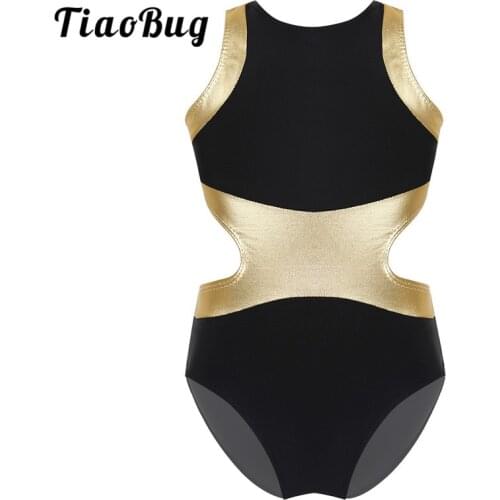 TiaoBug Kids Teens Shiny Metallic Splice Sleeveless Ballet Performance Dance Costume Gymnastics Leotard Girls Stretchy Dancewear