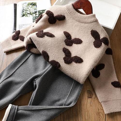 Spring Autumn 2021 New Kids Girls Korean Print Knitting O-neck Pullover Children Clothing Casual Long Sleeves Tops Sweaters C143