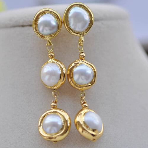 Z10371 13.5mm White Round Freshwater Pearl Gold-Plating Dangle Earring
