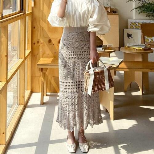 Womens spring and autumn models high waist loose large size hook flower hollow knitted half body hip hip skirt