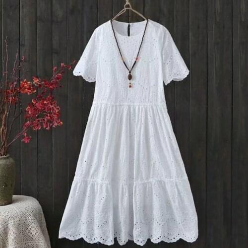 Free Shipping 2018 New Fashion Women Short Sleeve Cotton Lace White Summer Dresses Japan Style Long Mid-calf Dresses Embroidery