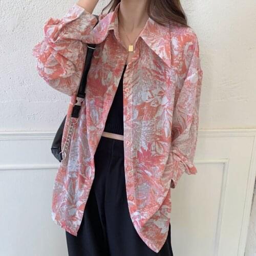 Oversized Women Loose Casual Shirts New Arrival 2021 Korean Style Vintage Print Thin Ladies Elegant Long Sleeve Tops W407