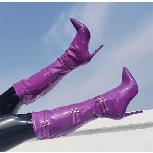 Spring Women Knee High Boots Metallic Sheen Mirror Leather Stiletto Heels Boots Pointed Toe Female Runway Banquet Botas 2021