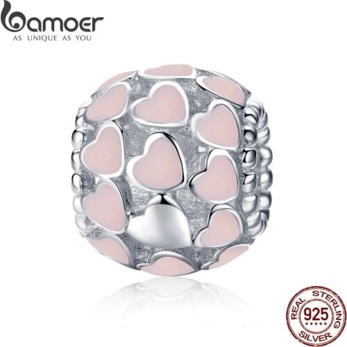BAMOER Romantic 925 Sterling Silver Sweet Heart to Heart pink Enamel Beads fit Women Bracelet & Necklaces DIY Jewelry SCC805-J