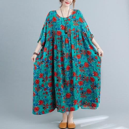 Oversized Women Cotton Linen Long Dresses New Arrival 2021 Summer Vintage Style Floral Print Loose Female Casual Maxi Dress B605