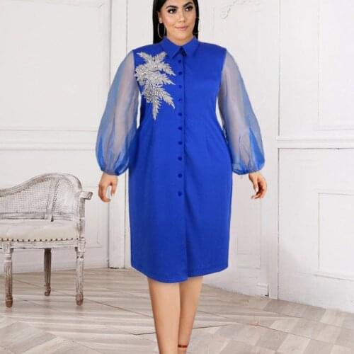 Dashiki African Women Bodycon Dresses With Appliques Long Lantern Sleeve Elegant Office Lady Work Wear Robes New Africa Clothing