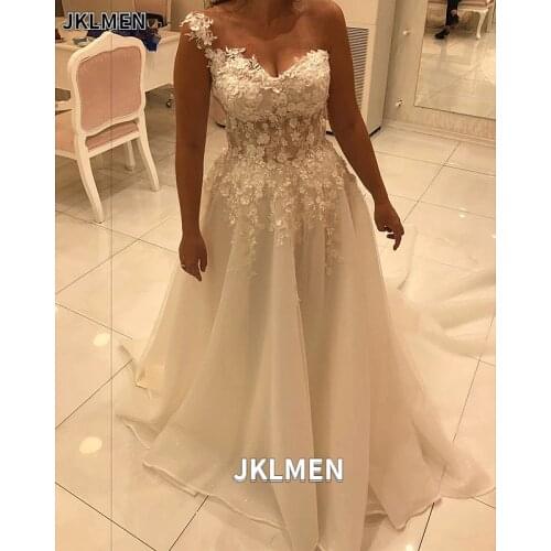 3D Flowers Lace Appliques A-line Wedding Dress One-shoulder Lace-up Shiny Tulle Long Bridal Gown Custom Made Vestido De Novia