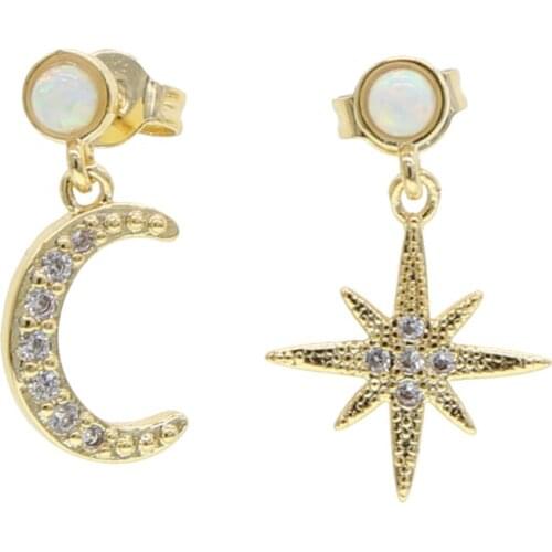 Gold color white fire opal clear cz moon star dangle drop earring classic fashion women jewelry
