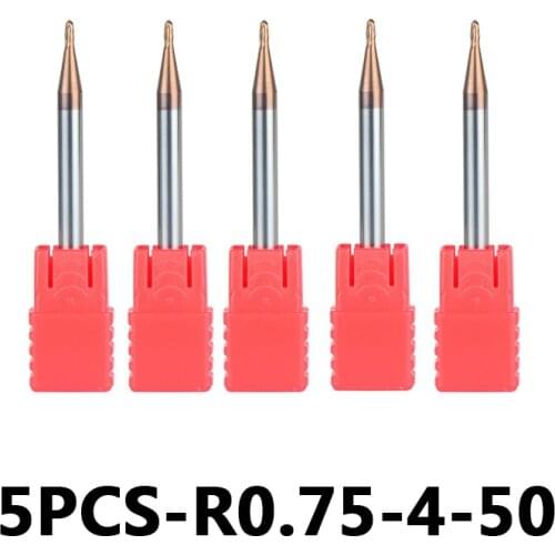 5pcs/lot R0.75-4-50 Tungsten Steel Ball Nose End Mills HRC55 With Straight Shank 2-Flute Ball Head Milling Cutters Router Bits