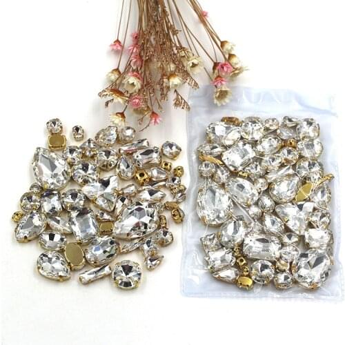 Free shipping 50pcs/bag mixed shape crystal glass rhinestones White faltback sew on gold base, diy clothing accessories