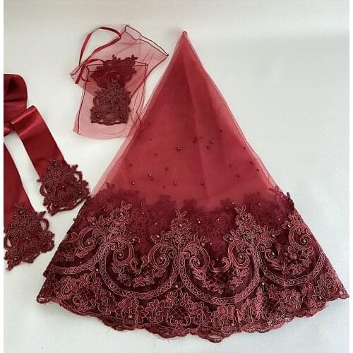 Burgundy Sultan Laced Pearl Embellishment Bridal Veil Belt Gloves Set Henna Night Wedding