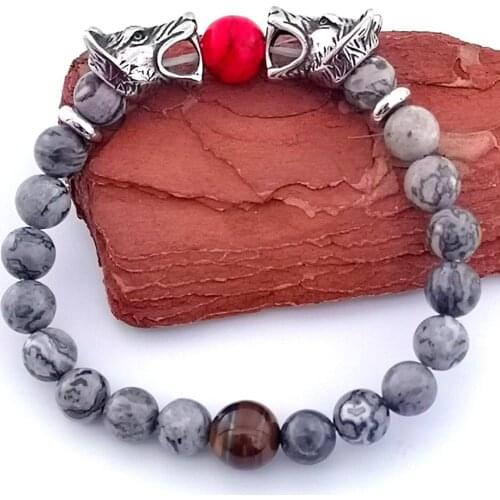 Viking Stainless Steel Wolf Head Bracelet Fashion Tiger Eye Stone Beaded Bracelet for Men and Women Viking Jewelry