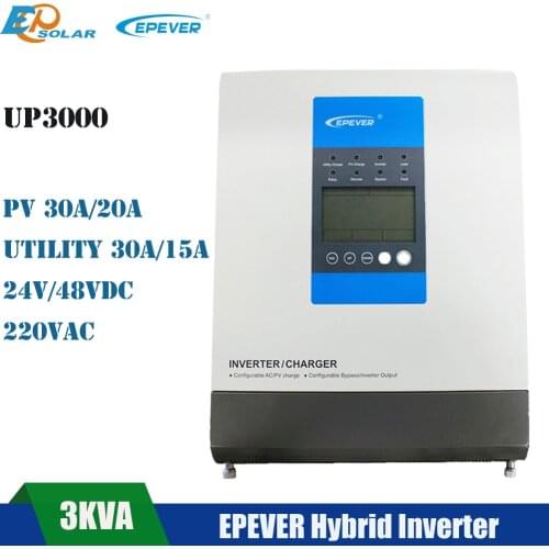 Epever 3KVA Hybrid Solar Inverter 24V or 48V Battery Built in 20A 30A MPPT Solar Controller Pure Sine Wave Utility AC Charger
