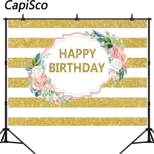Capisco Pink Floral Happy Birthday Backdrop Gold White Stripes Party Decor Girls Sweet 16 Photograghy Background Photo studio