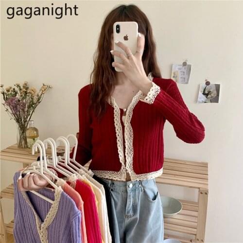 GAGANIGHT Women Lace V-Neck Knitted Office lady Short Sweaters Cardigans Lady Korean Soft Thin Summer Cardigan Outwear Female