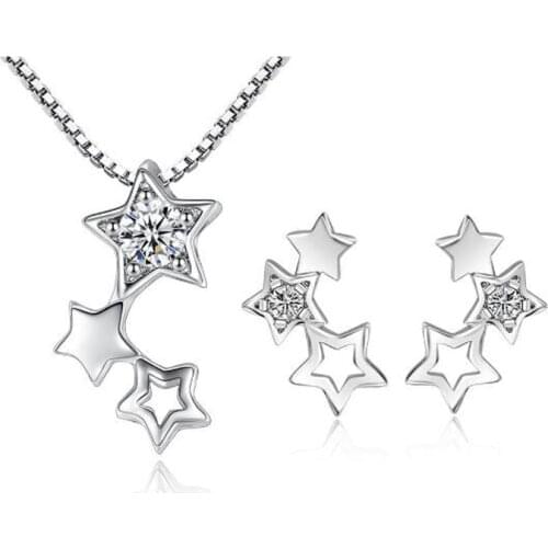 925 Sterling Silver Fine Jewelry Sets Simple Zirconia Star Necklace+Earrings Two piece set For Women Girl Gift