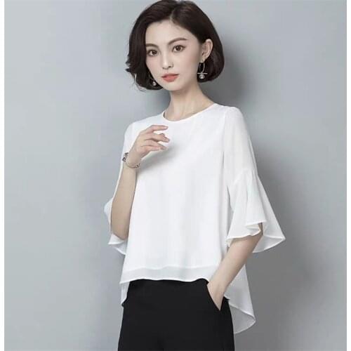2020 summer chiffon women blouse plus size solid tops loose shirts m-7xl 8xl half flare sleeves Short front and long back tops