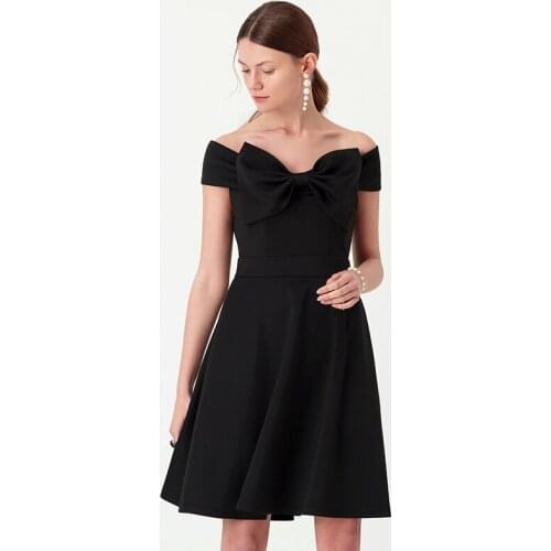 YIGELILA Fashion New Arrivals Women Black Dress Solid Slash Neck Bow Dress Empire Slim Knee-length A-line Dress 65497