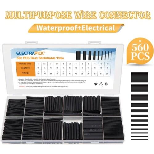 560Pcs Black Heat Shrink Tube Kit Shrinking Assorted Polyolefin Insulation Sleeving Heat Shrink Tubing Wire Cable