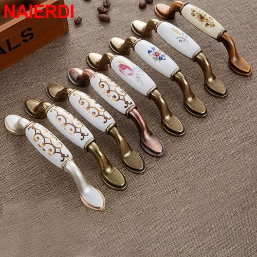 NAIERDI 96mm European Ceramic Bronze Gold Cabinet Handles Drawer Knobs Zinc Alloy Wardrobe Door Handles Pulls Furniture Handle