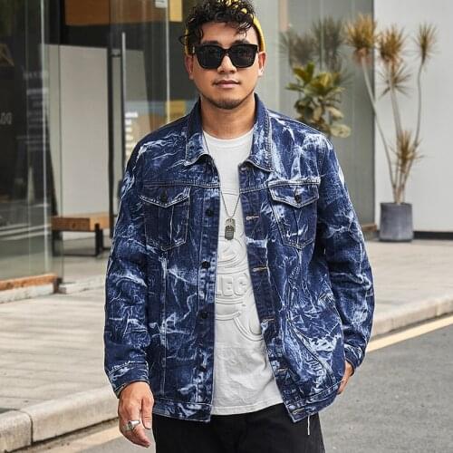 VROKINO New 2021 Mens printed loose denim jacket Hip-hop mens streetwear cotton casual denim jacket Large size 7XL 8XL